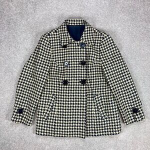 Houndstooth Double Breasted Wool Pea Coat Womens Med Black Cream Refined Classic